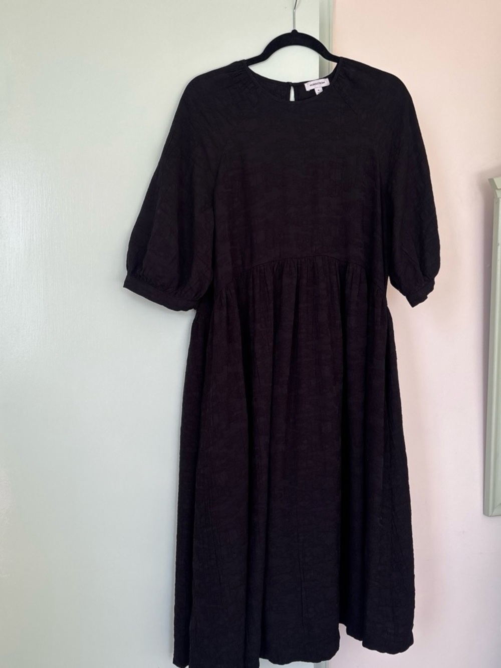 Nordstrom Black Textured Midi Dress with Puff Sleeves